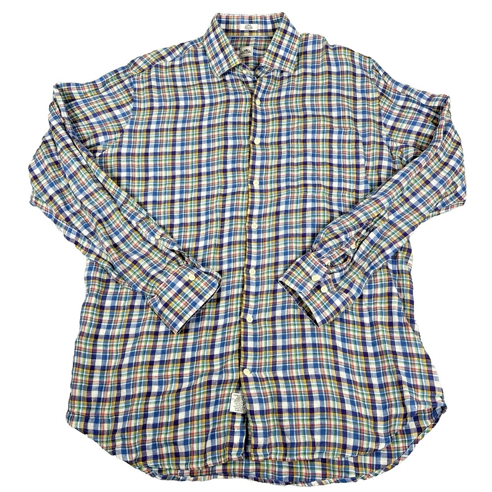 Peter Millar Mens 100% Linen Lightweight Plaid Long Sleeve Button Up size large